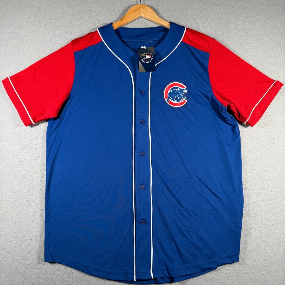 Majestic Chicago Cubs MLB Baseball Jersey Mens XL Blue Red Mesh Sleeve NWT 88934